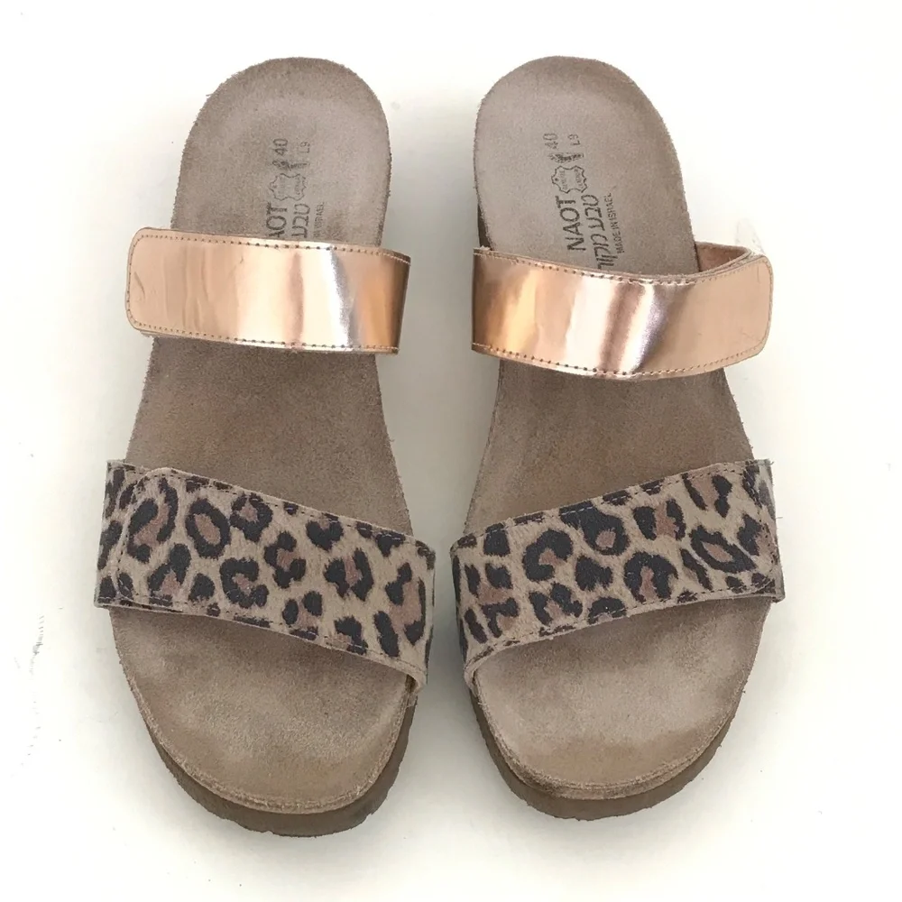 NAOT Leopard Print Sandal Leather Metallic Rose Gold Althea Women’s Size 9